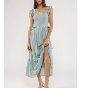 "Teal Smocked Ruffle-Sleeve Tiered Maxi Dress".